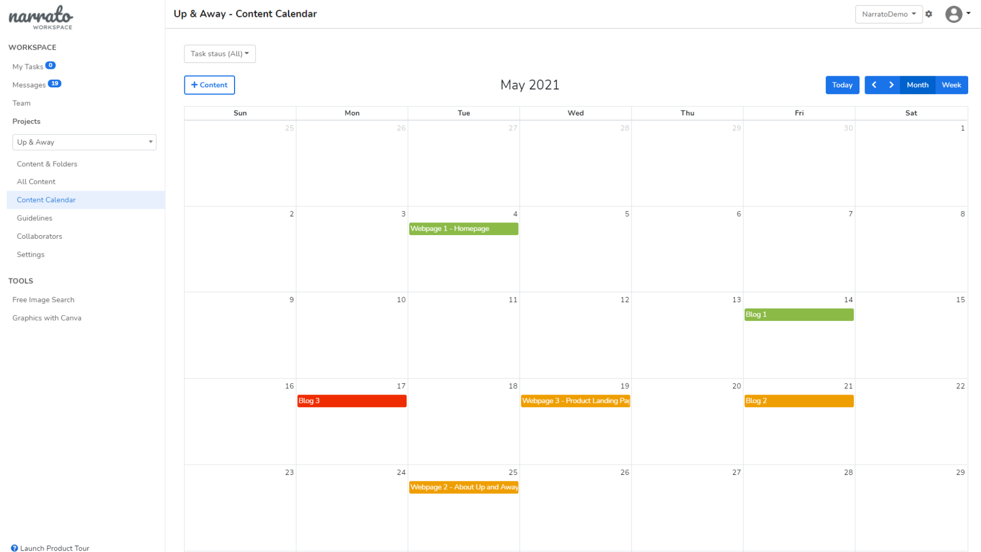 narrato workspace content calendar